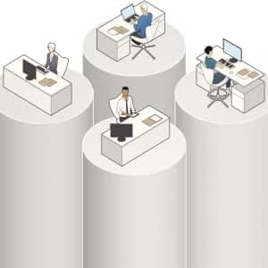 image depicting silo mentality with each worker separated in a distinct cylinder and removed from others